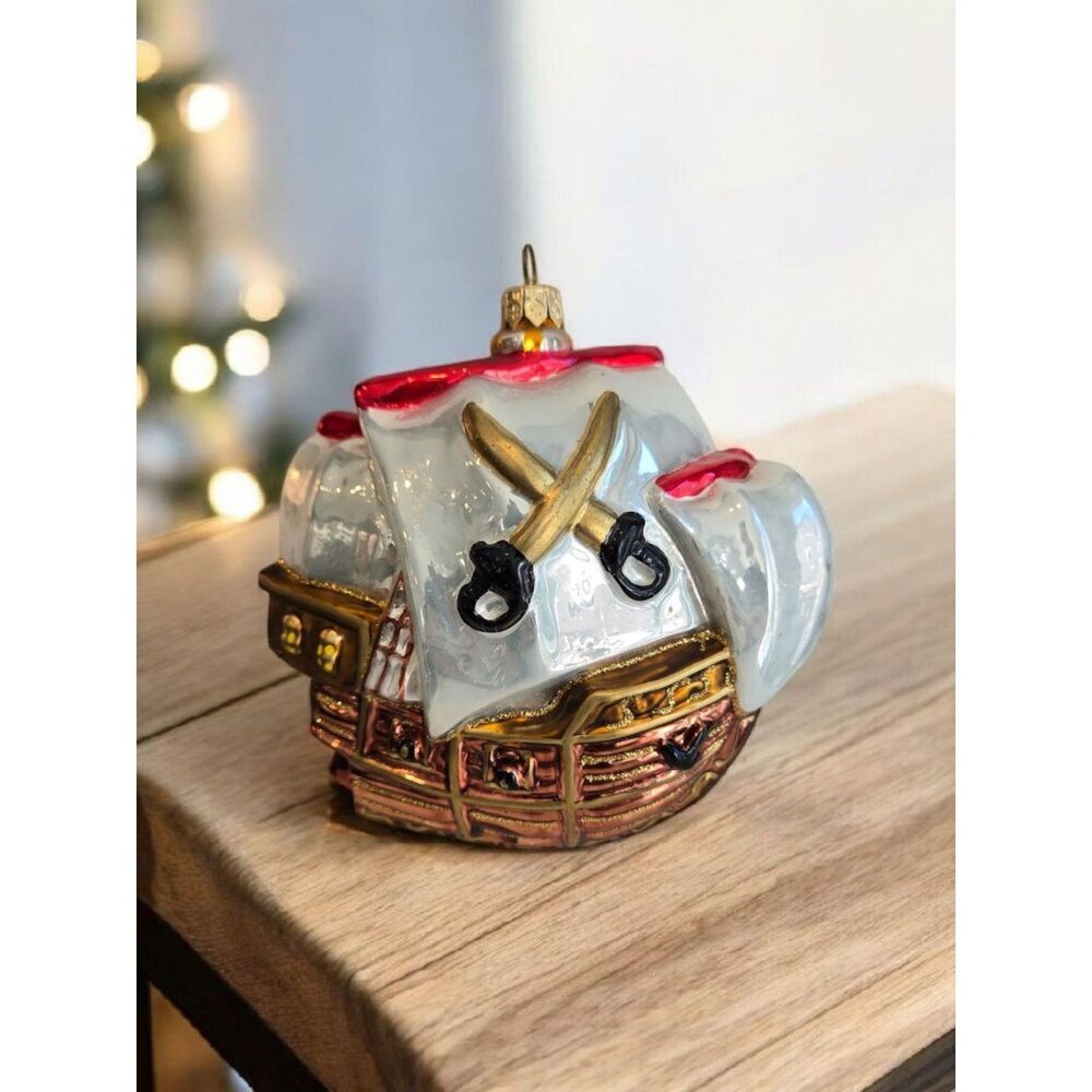 Vintage 1990s Blown Glass Pirate Ships Boat Hanging Christmas Ornament